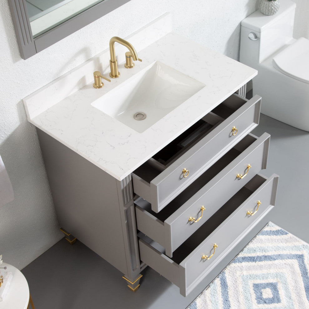 36 In Solid Wood Bathroom Vanity with Quartz Top and cUPC Certified Sink, Titanium Grey