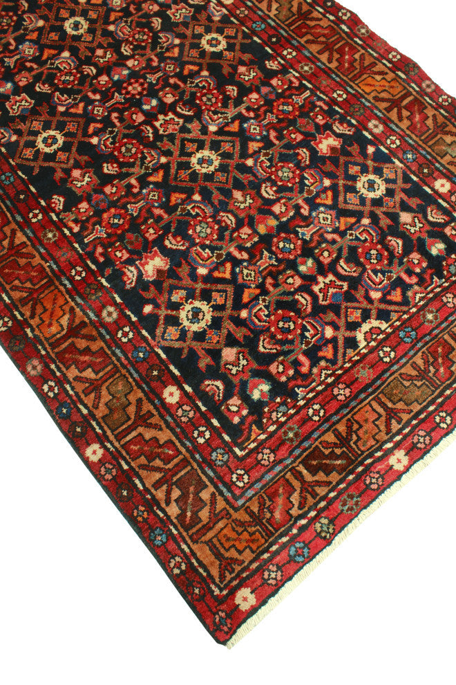 Fine Vintage Distressed Majeed Navy/Red Runner, 3'7 x 9'4