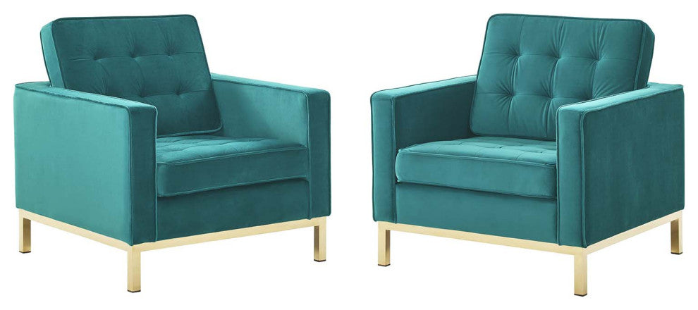 Armchair Accent Chair, Set of 2, Velvet, Gold Teal Blue, Modern, Lounge