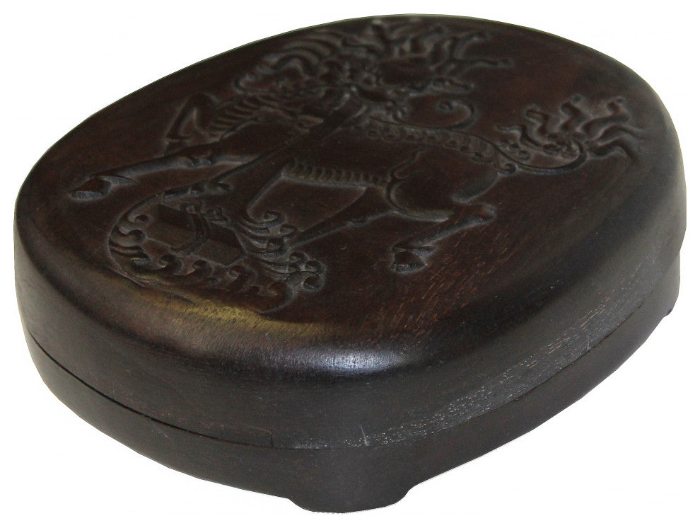 Chinese Kirin Motif Oval Shape Box With Ink Stone Inkwell Pad Hws2443