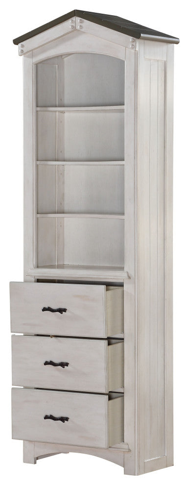 Cottage Style Wooden Bookcase With Three Drawers & Four Shelves, White & Brown