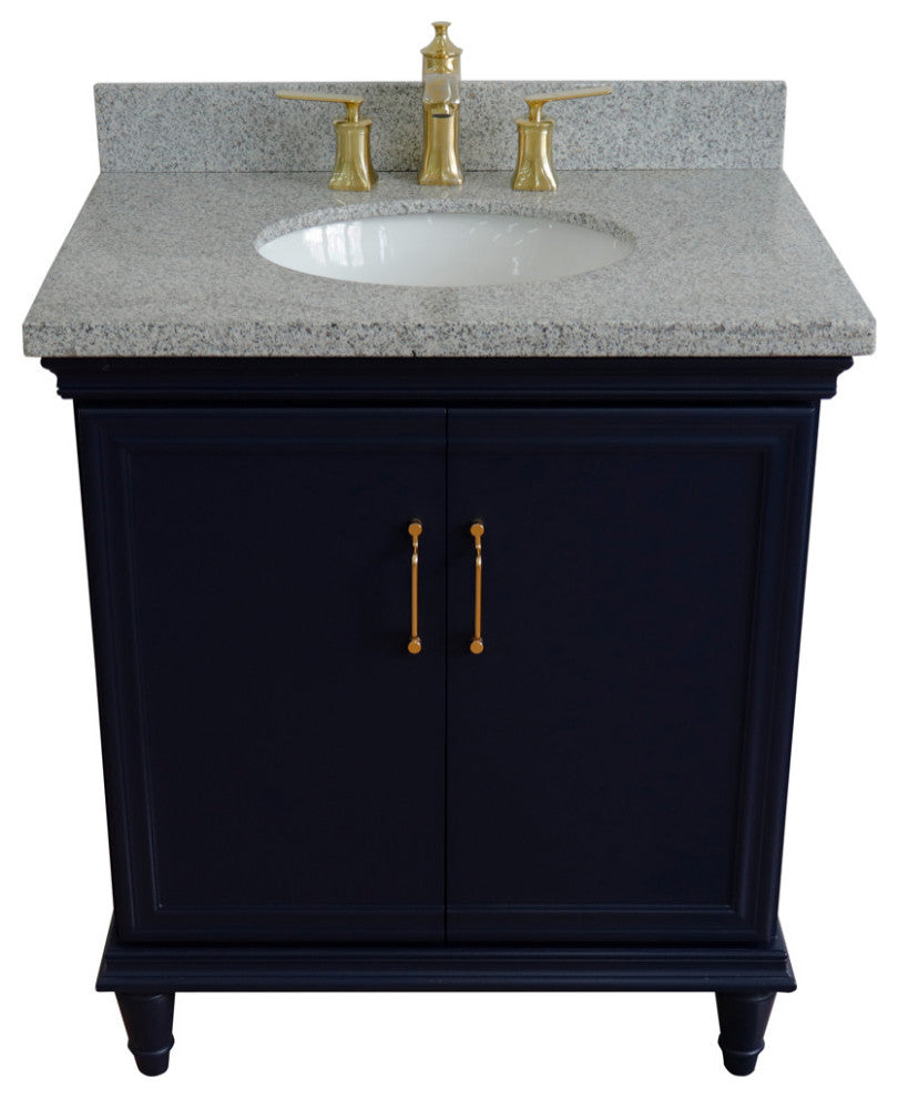 31" Single Vanity, Blue Finish With Gray Granite And Oval Sink
