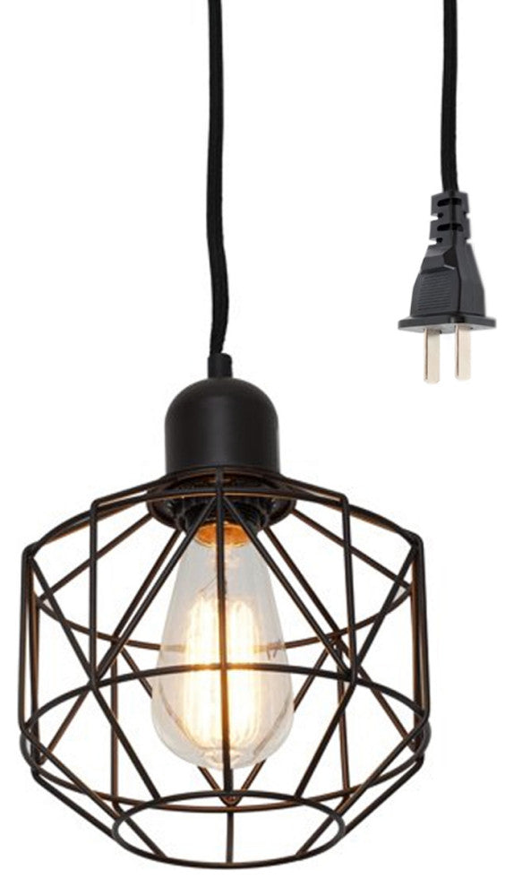 7"W 1-Light LED Metal Cage Plug-In Swag Pendant Light Bronze Finish