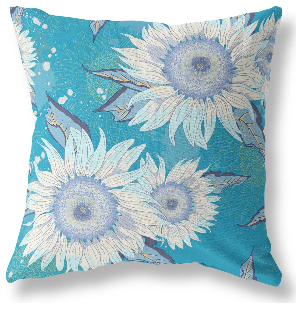 26" Aqua White Sunflower Indoor Outdoor Zippered Throw Pillow