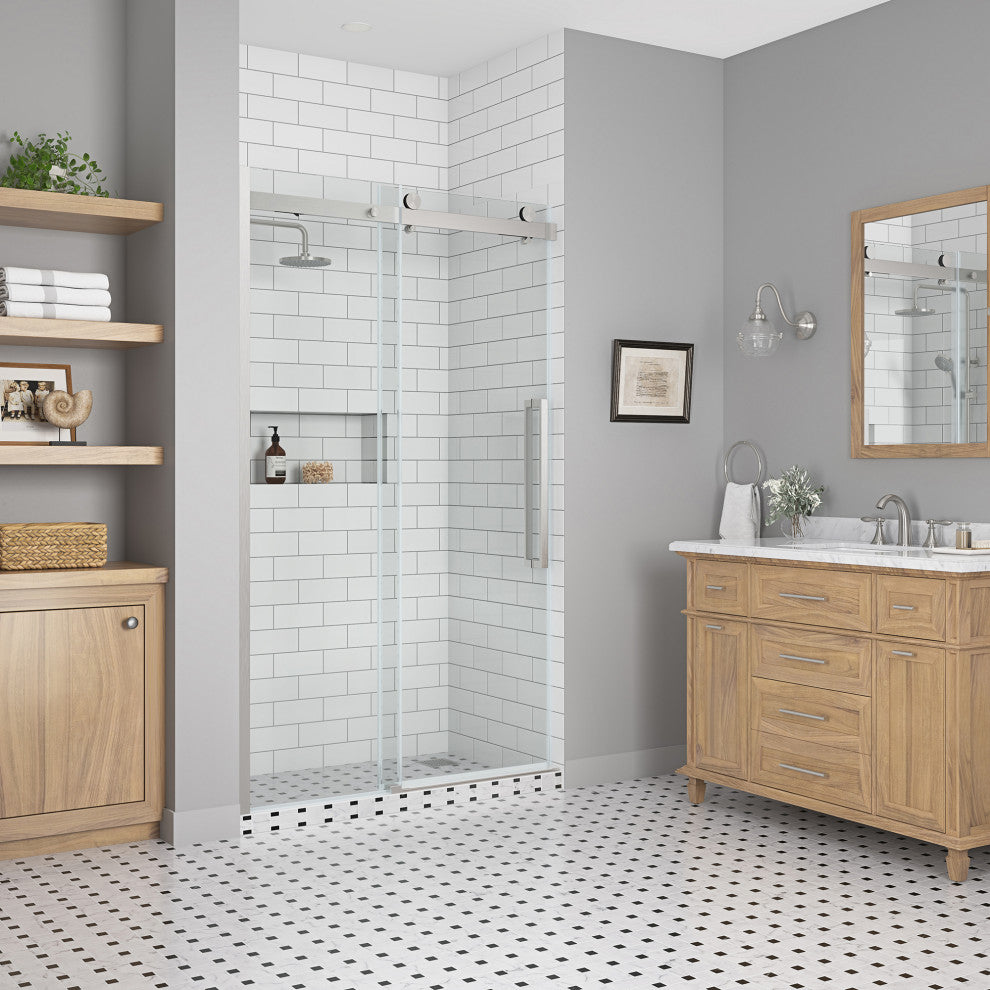 Bel Soft-Close Frameless Sliding Soft Close Shower Door, Satin Nickel, 48"