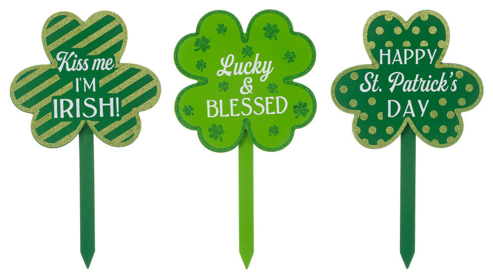 15" Wooden St. Patrick's Shamrocks Yard Stake, 3-Piece Set