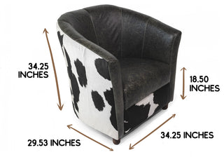Leather Barrel Chair on Cowhide Accents, Black/White