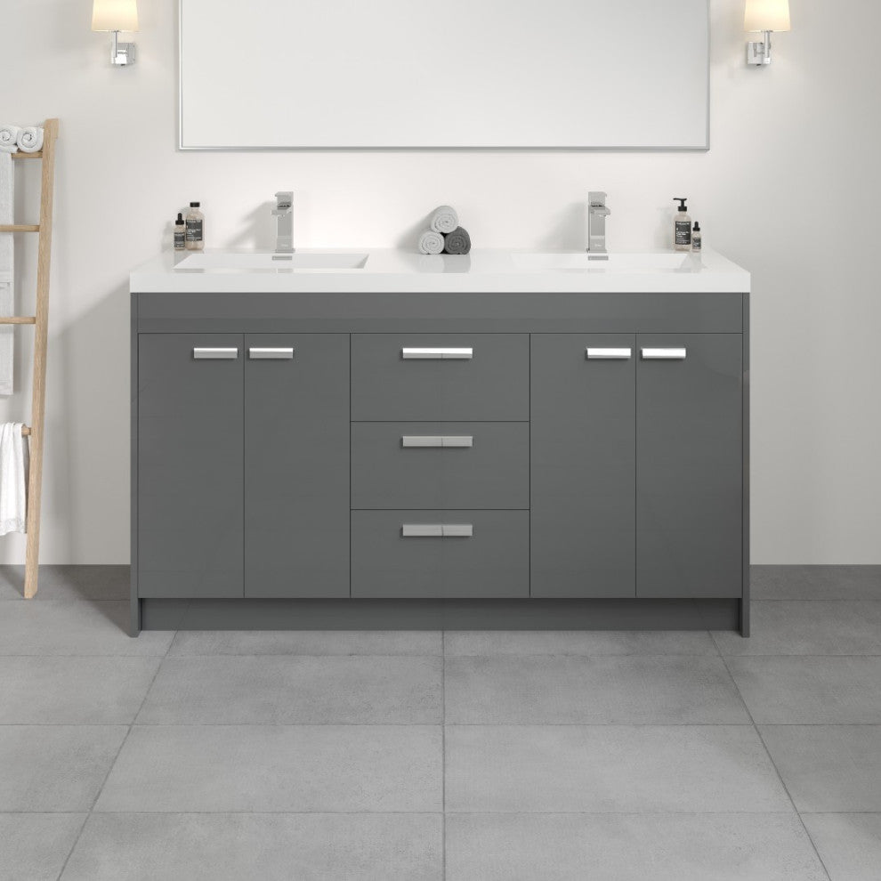 Eviva Lugano 60" Gray Modern Double Sink Bathroom Vanity With White Top