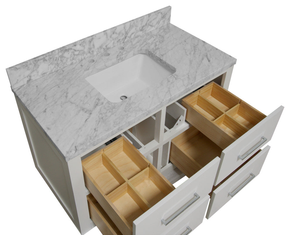 Helsinki 42" Floating Wall Mounted Bathroom Vanity, White, Carrara Marble