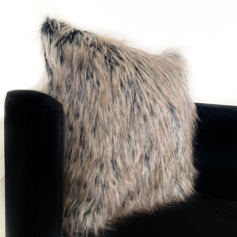 Plutus Gray Foxy Brown Gray Animal Faux Fur Luxury Throw Pillow, 24"x24"