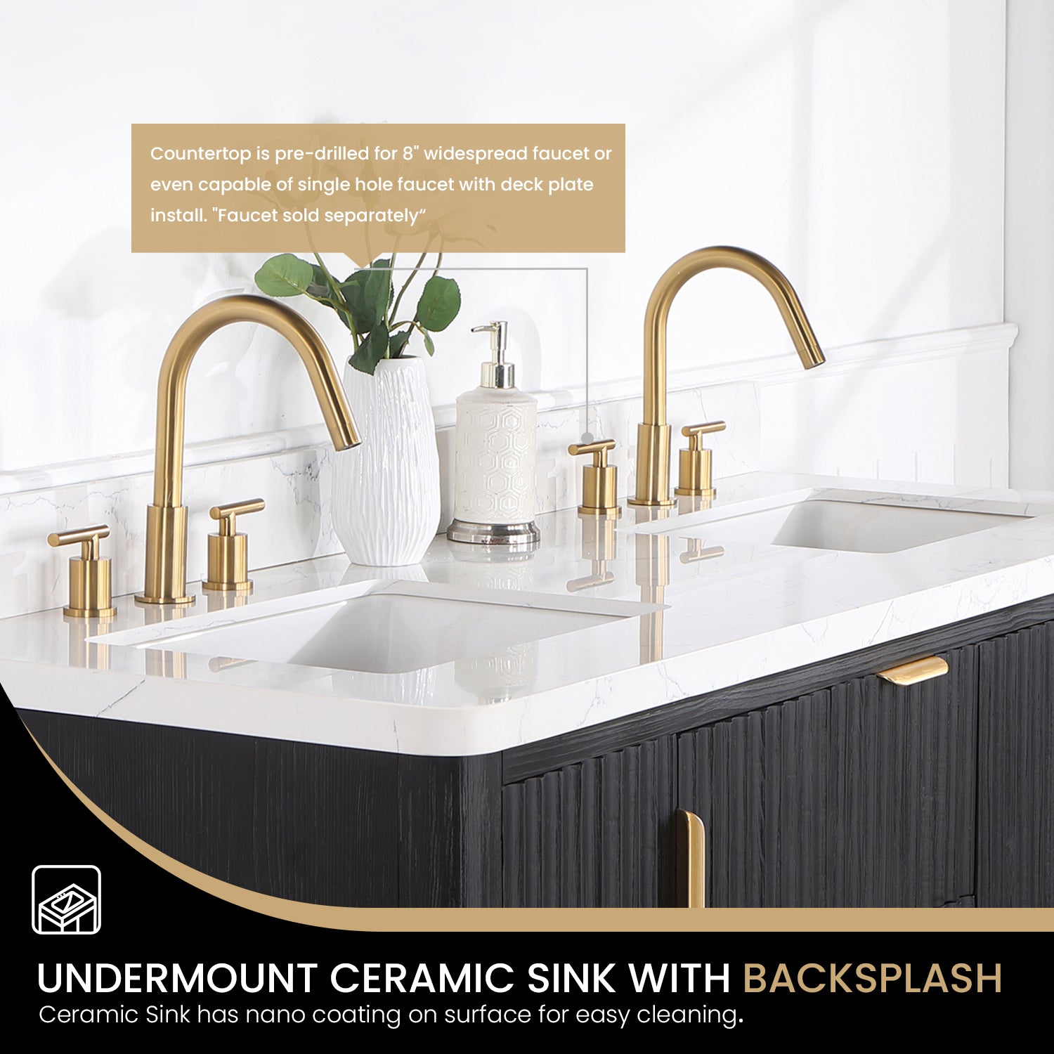 Vinnova Cadiz Bath Vanity, Composite Stone Top, Black, 60", With Mirror