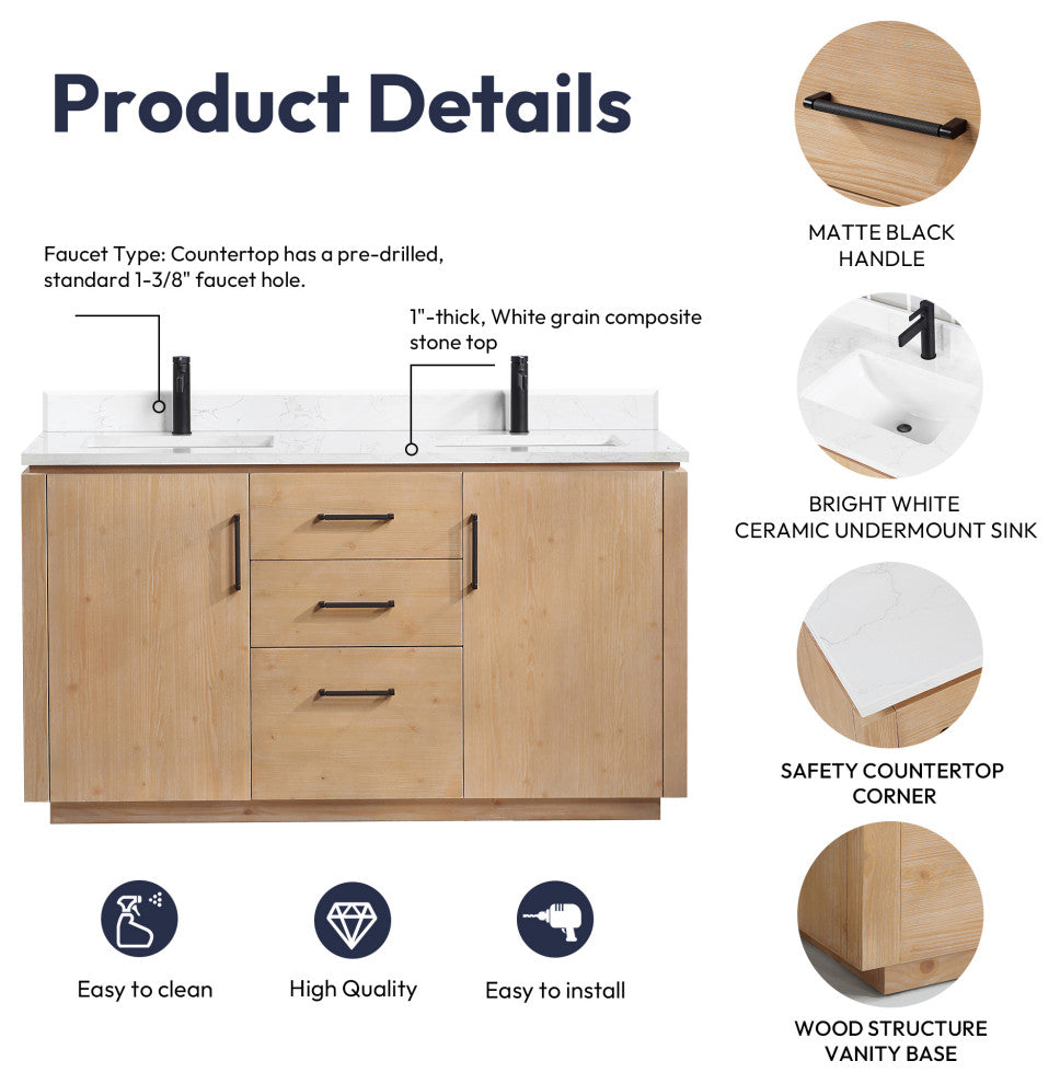 San Bath Vanity with Stone Top, Fir Wood Brown, 60" Double Sink, Double Vanity, No Mirror