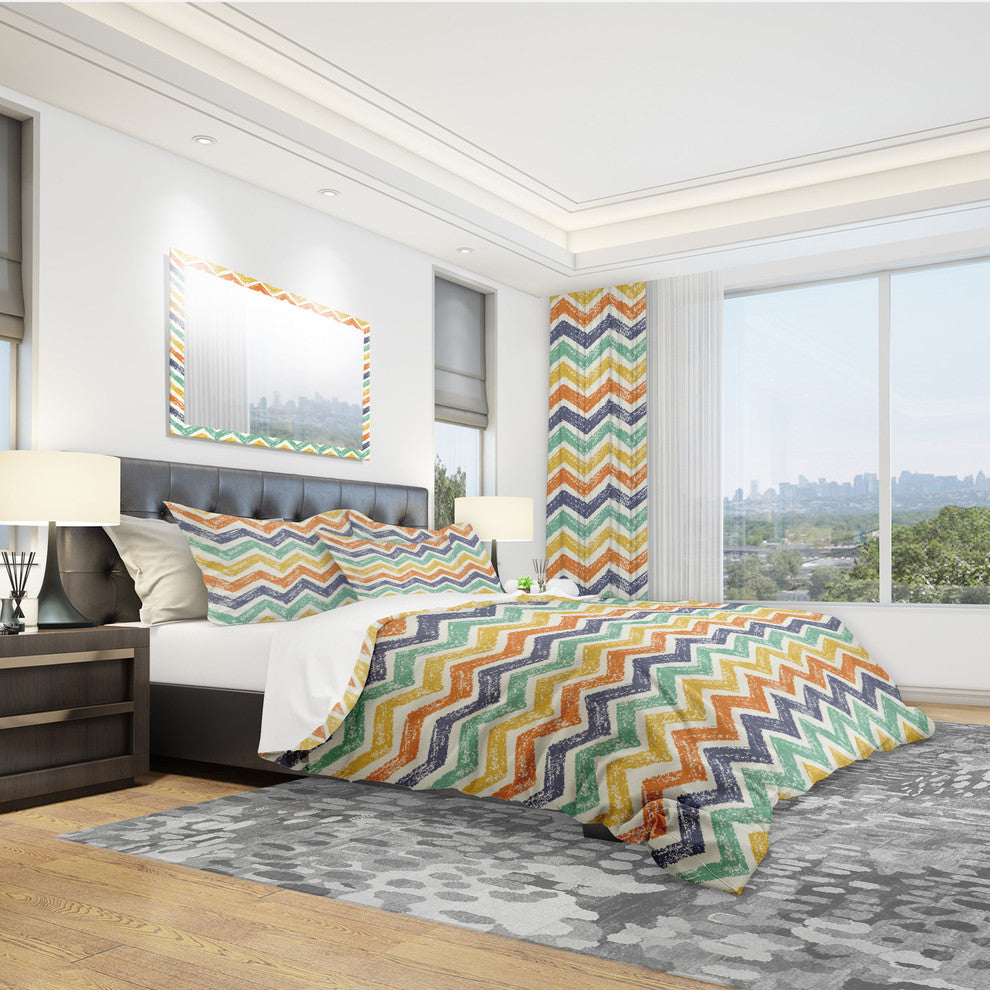 Retro Chevron in Orange Blue and Yellow Vintage Duvet Cover, Twin