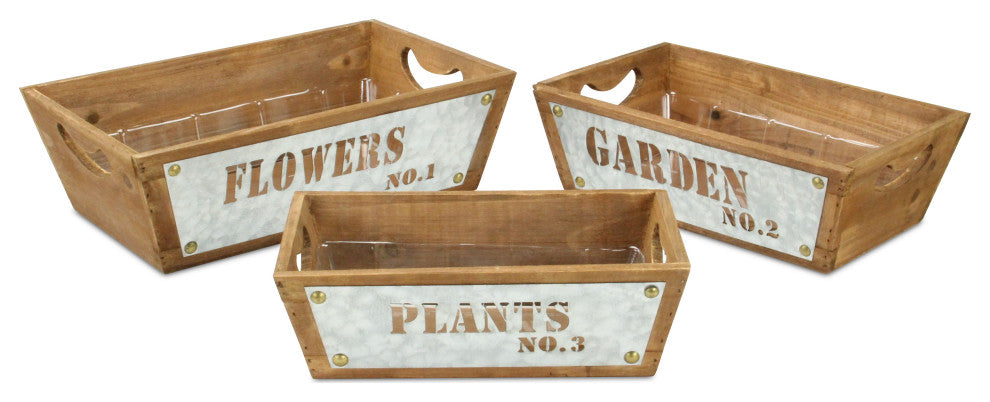 Set Of 3 Tapered Wood Storage With Galvanized Cutout Accent