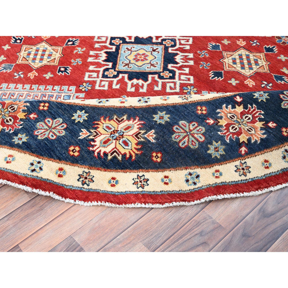 Red, Soft Wool, Special Kazak, Hand Knotted, Round Oriental Rug, 7'10"x7'9"