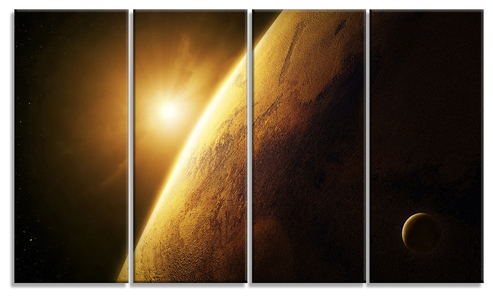 Planet Mars Close up with Sunrise, Large Landscape Canvas Art, 48"x28", 4 Panels