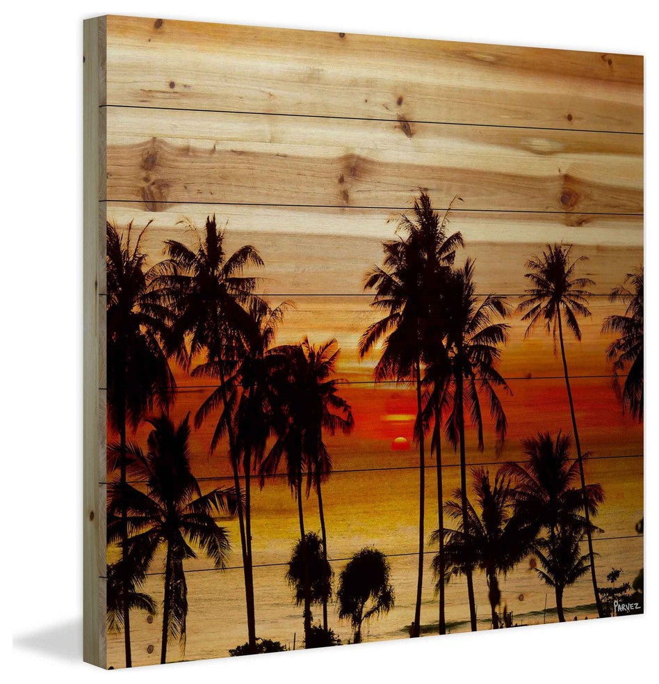 "Sunset Palms" Print on Natural Pine Wood, 32"x32"