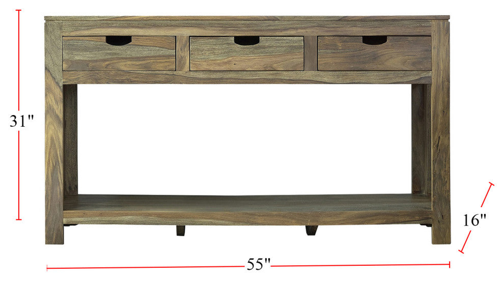 3-Drawer Storage Console Table, Natural Sheesham