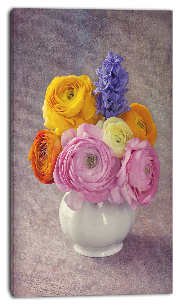 Multicolor Ranunculus Flowers in Vase, Floral Canvas Art Print, 16"x32"
