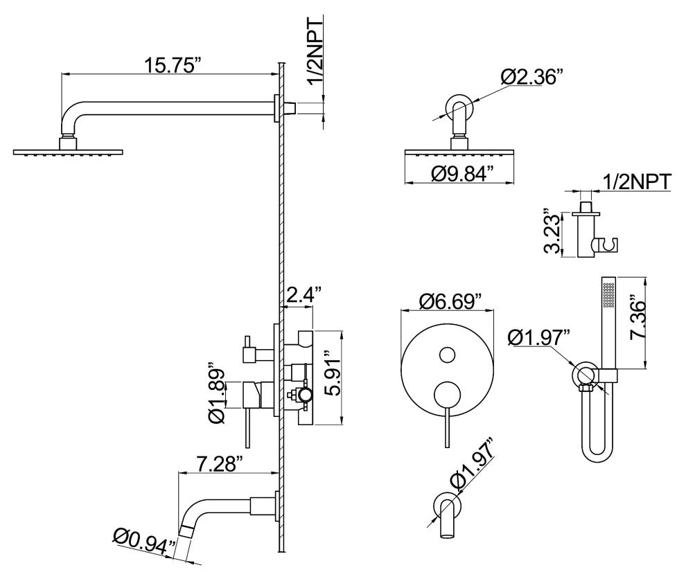 Tub Shower Faucet Set Complete Rain Shower System with Tub Spout, Brushed Gold