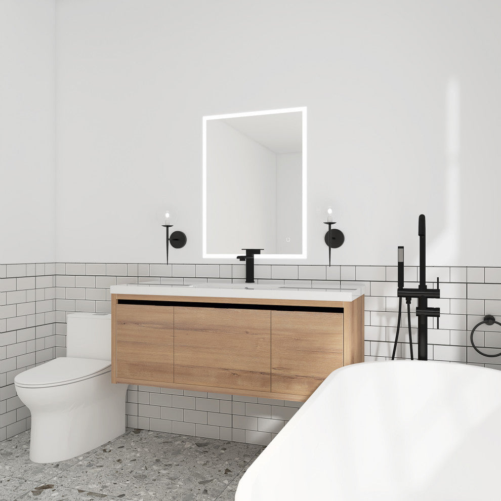 Bathroom Vanity With White Resin Top and Basin, Imitative Oak, 48x18