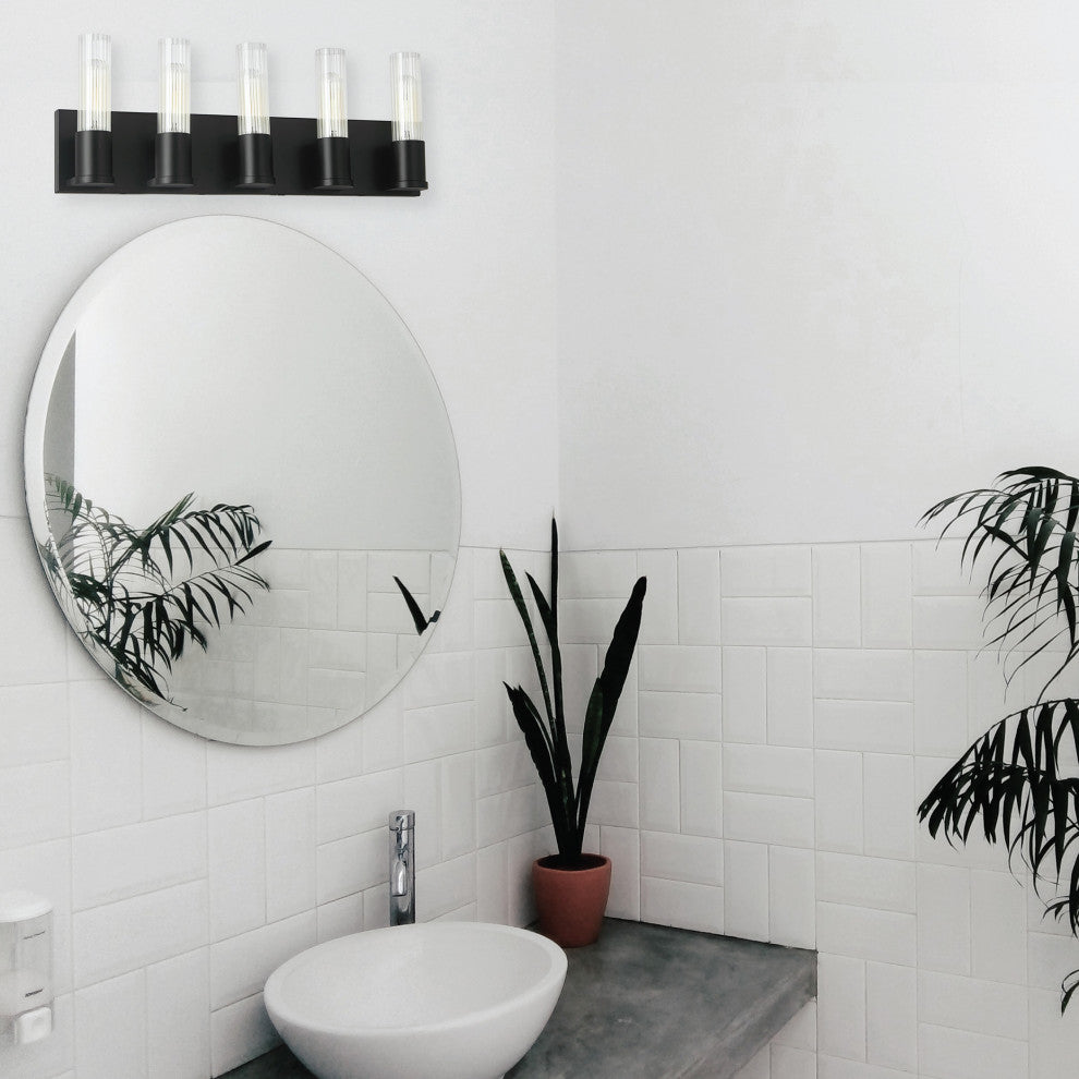 Tube Contemporary 5 Light Matte Black Clear Metal Vanity