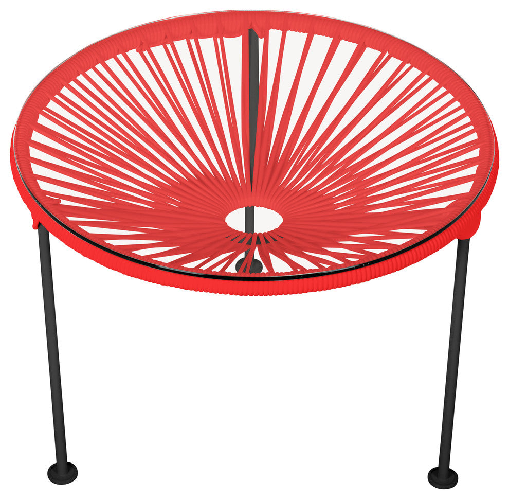 Zicatela Indoor/Outdoor Handmade Side Table, Red Weave, Black Frame