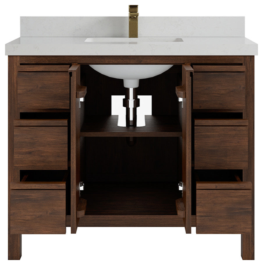 Elizabeth 42 Single Sink Bath Vanity in Dark Walnut Teak 2" Carrara Quartz