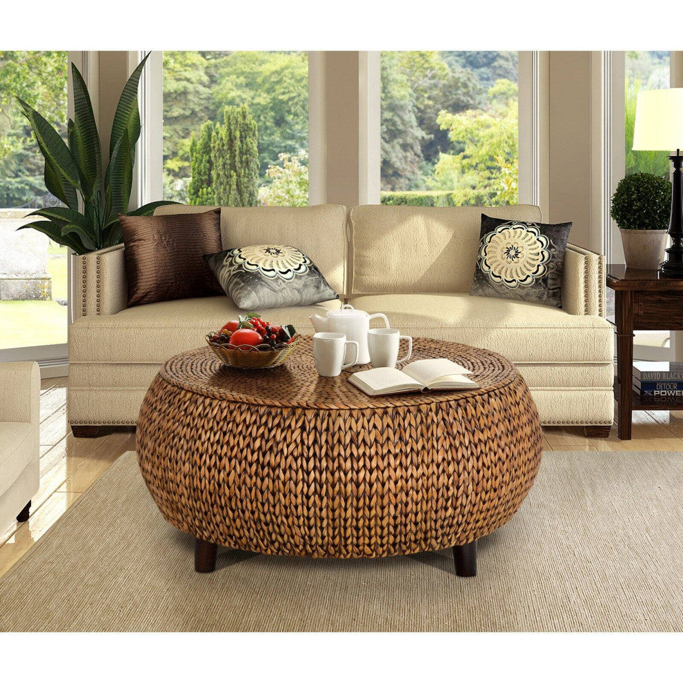 Unique Woven Banana Leaf Coffee Table with Spacious Round Top, Natural