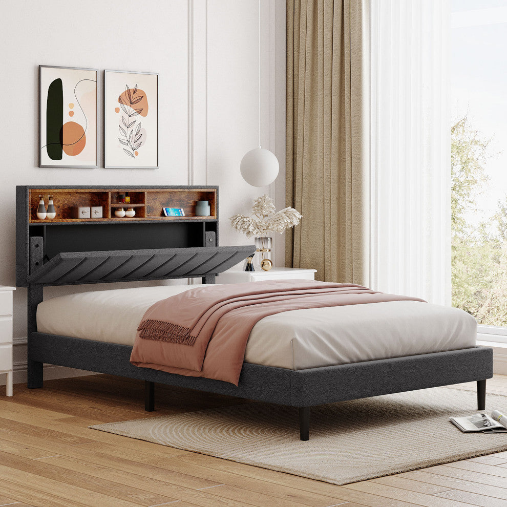 TATEUS Upholstered Platform Bed With Storage Headboard and USB Port, Gray, Full