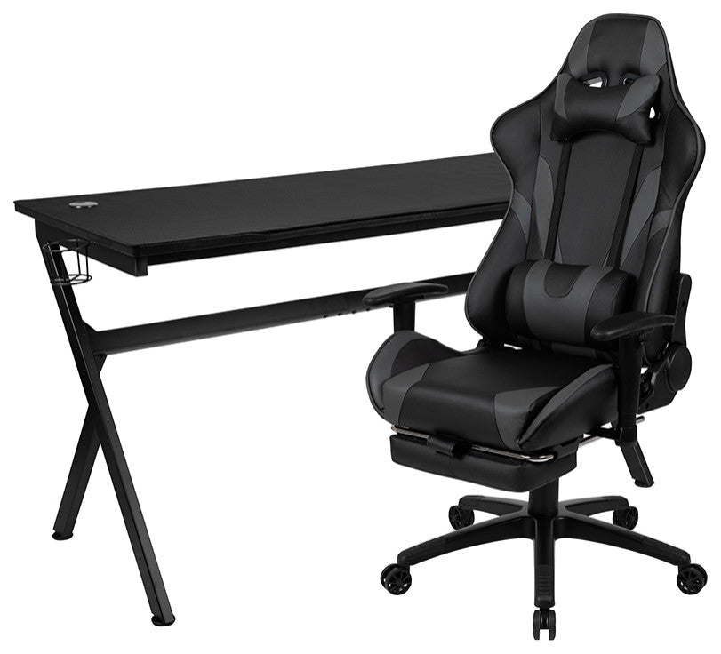 Gaming Desk and Gray Footrest Reclining Chair Set