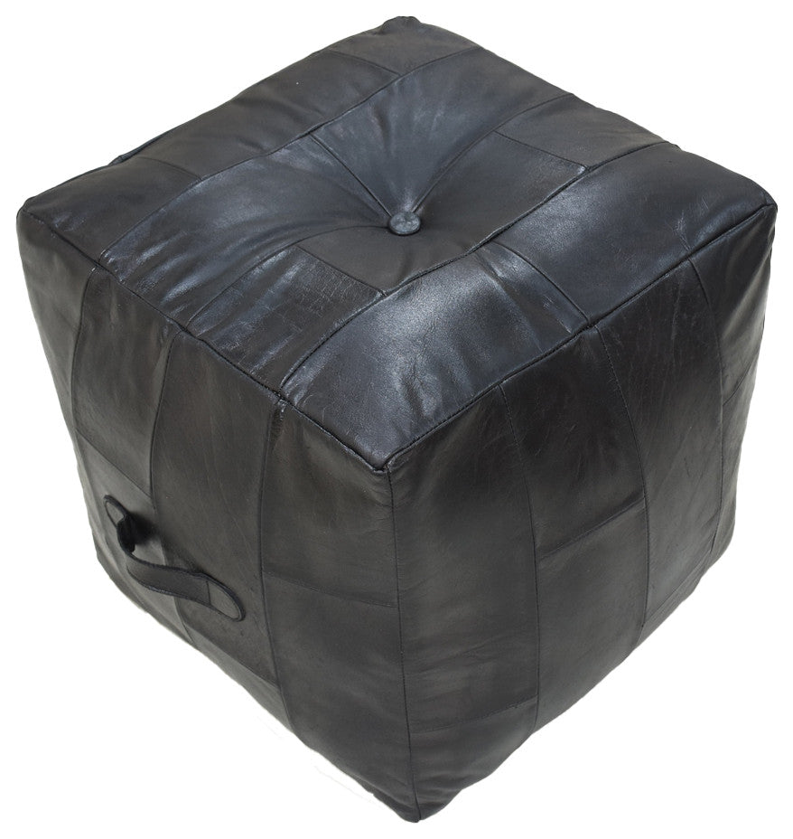 Geometric Handmade Leather Pouf (Recycled Foam with Fibre Fill) Black, [Square}16x16x16