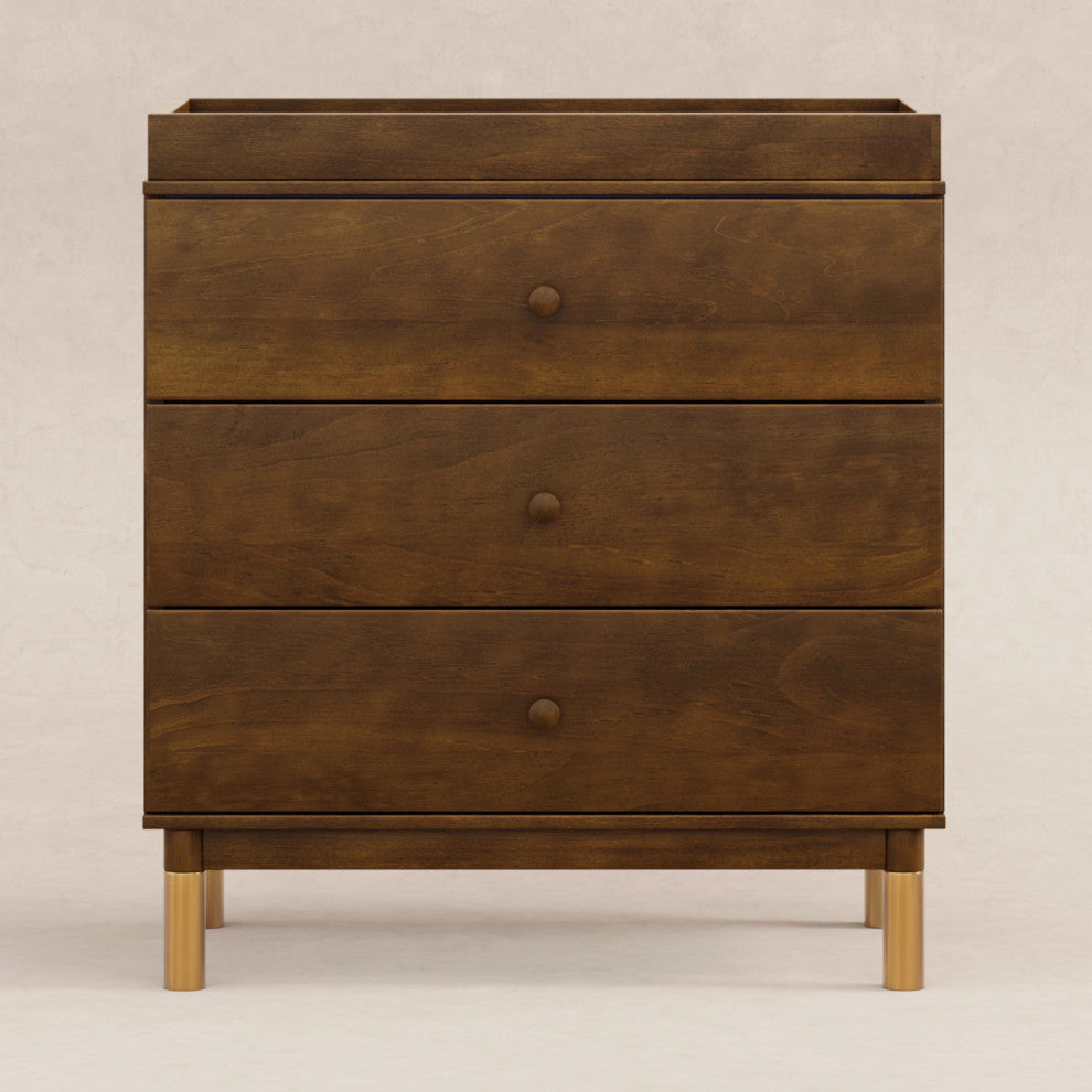 Gelato 3-Drawer Changer Dresser With Removable Changing Tray, Natural Walnut & Gold Feet