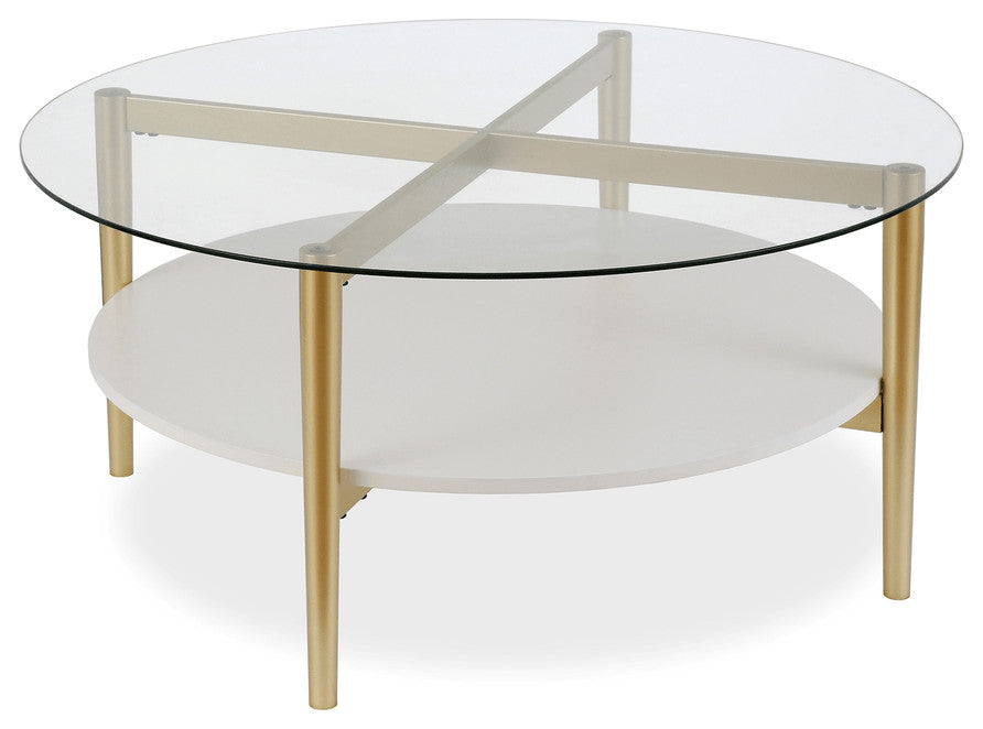 36" Gold Glass And Steel Round Coffee Table With Shelf