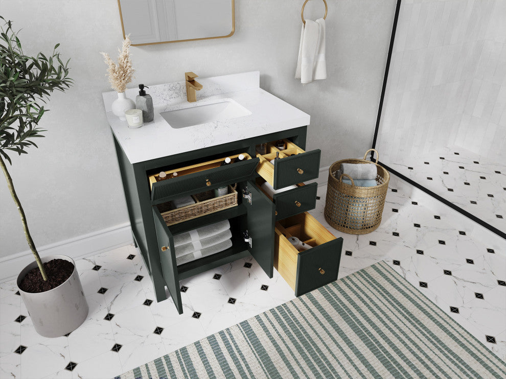Sonoma 36 Center Sink Reeded Bath Vanity in Dark Forest Green 2" Carrara Quartz