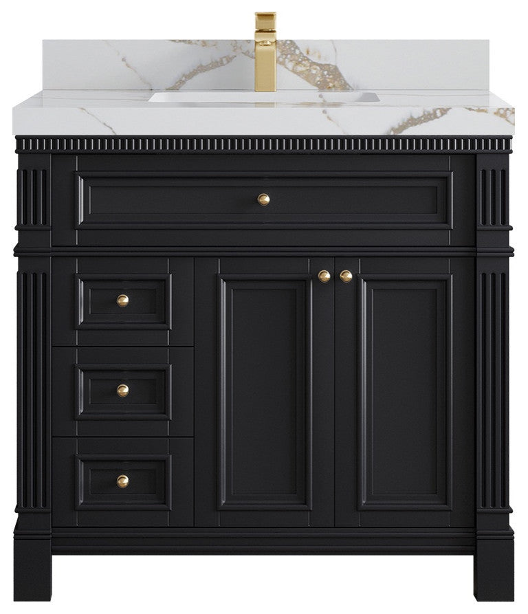 Paris 36" Center Sink Bathroom Vanity, Black 2" Calacatta Gold