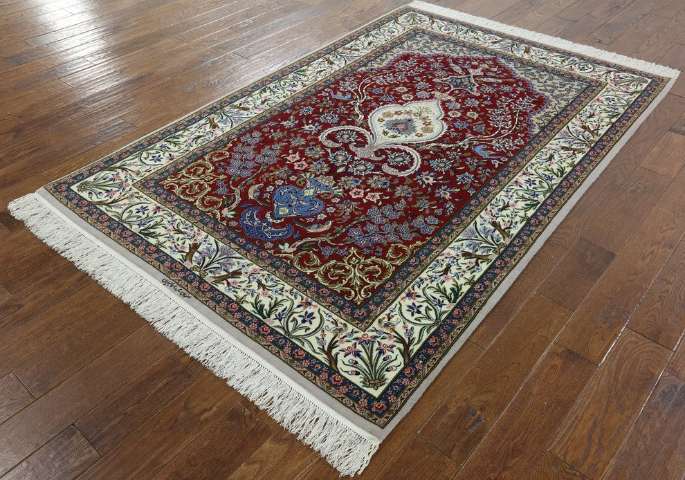 Authentic Persian Isfahan Hand Knotted Wool and Silk Rug, 5'x8'