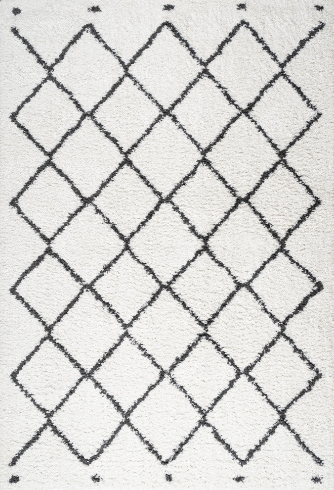 Cami Moroccan Style Diamond Shag, White/Black, 3'x5'