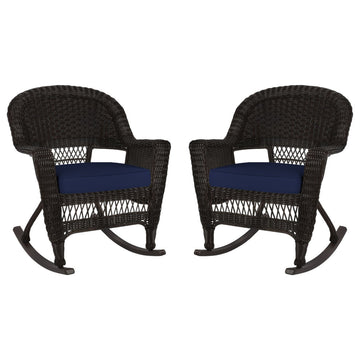 Jeco Rocker Wicker Chair in Espresso with Blue Cushion (Set of 2) Brown
