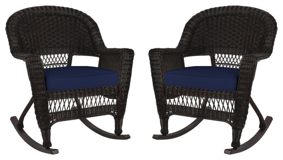 Jeco Rocker Wicker Chair in Espresso with Blue Cushion (Set of 2) Brown