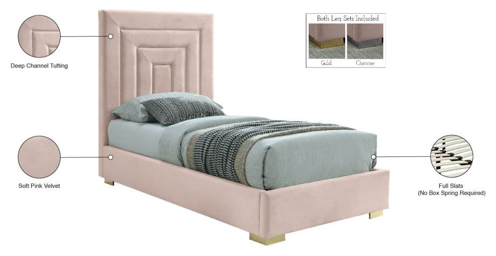 Nora Velvet Upholstered Bed, Pink, Twin