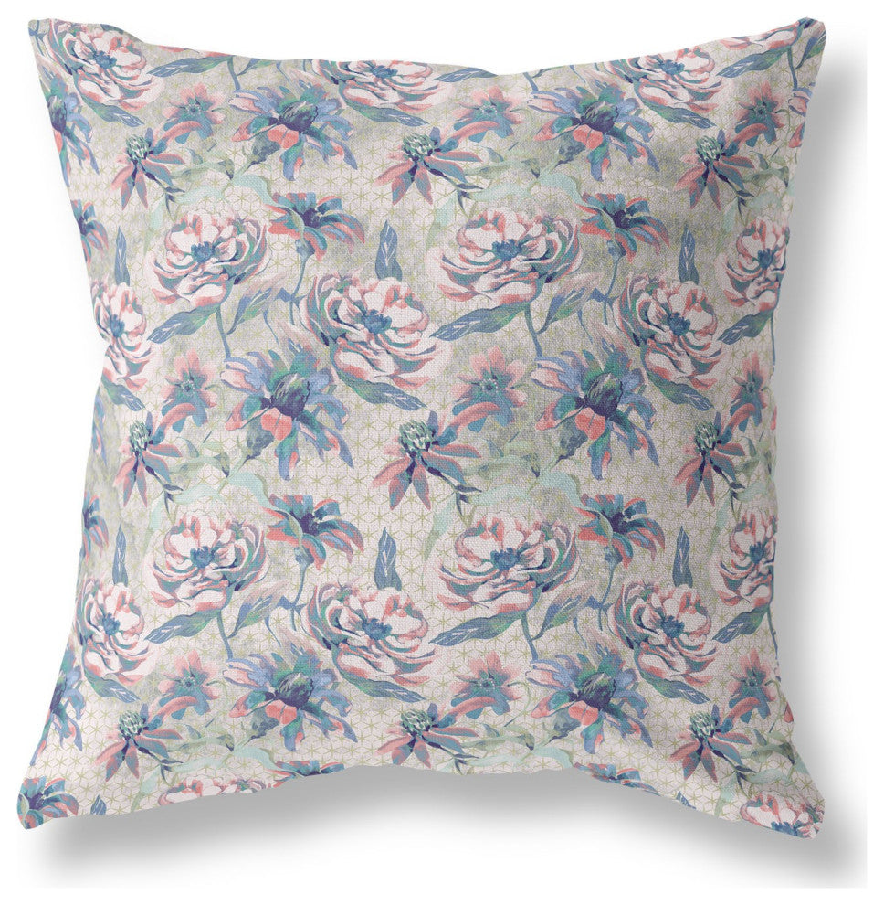 28" Blue Pink Roses Indoor Outdoor Throw Pillow