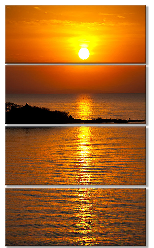 Beautiful Sunrise Reflecting in River, Seashore Canvas Print, 28"x48", 4 Panels