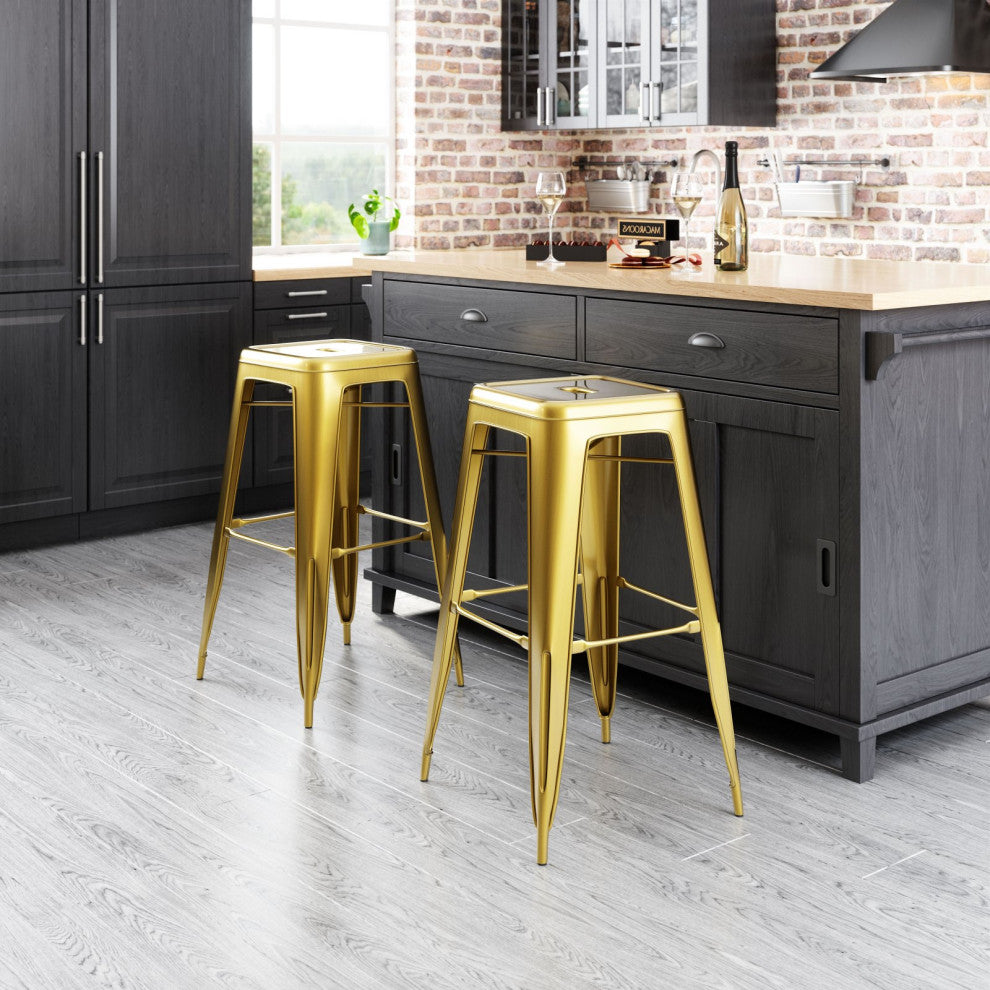 Bar Stool Chair Barstool, Set of 4, Steel Metal, Brass, Gold, Cafe Bistro