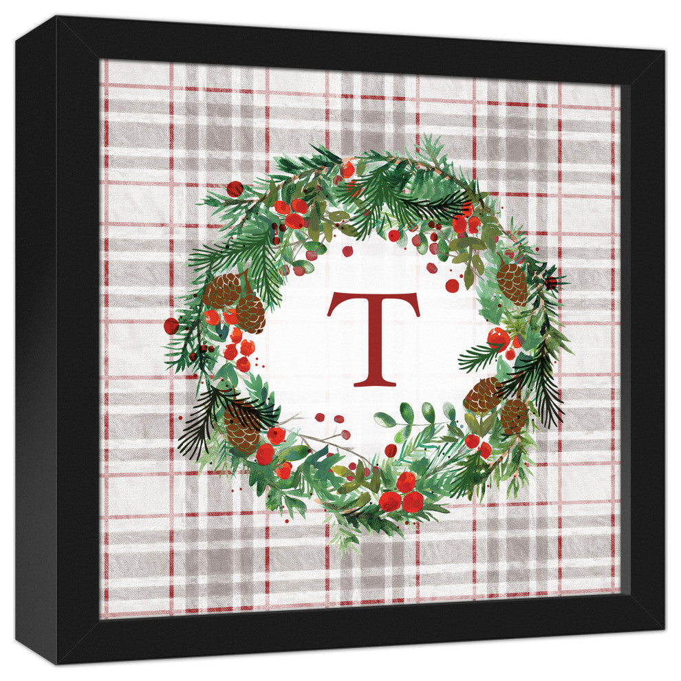 Holiday Gray Plaid Monogram Wreath T 12x12 Black Framed Canvas