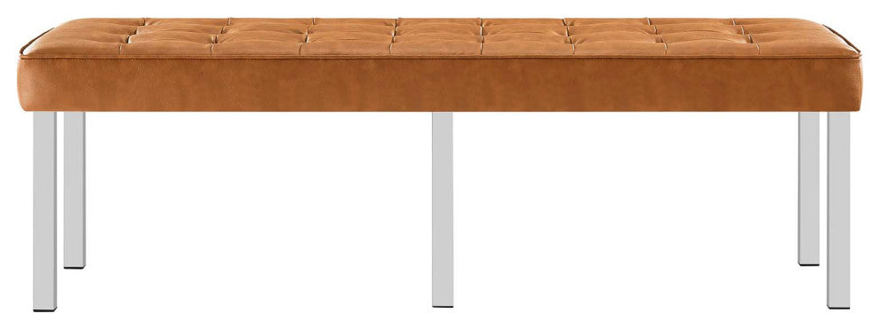 Loft Tufted Large Upholstered Faux Leather Bench Silver Tan