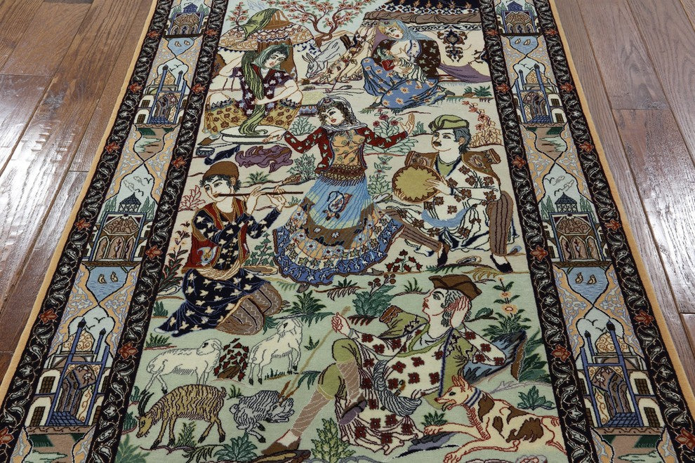 Pictorial Scene Signed Persian Isfahan Hand Knotted Wool and Silk Rug, 4x6