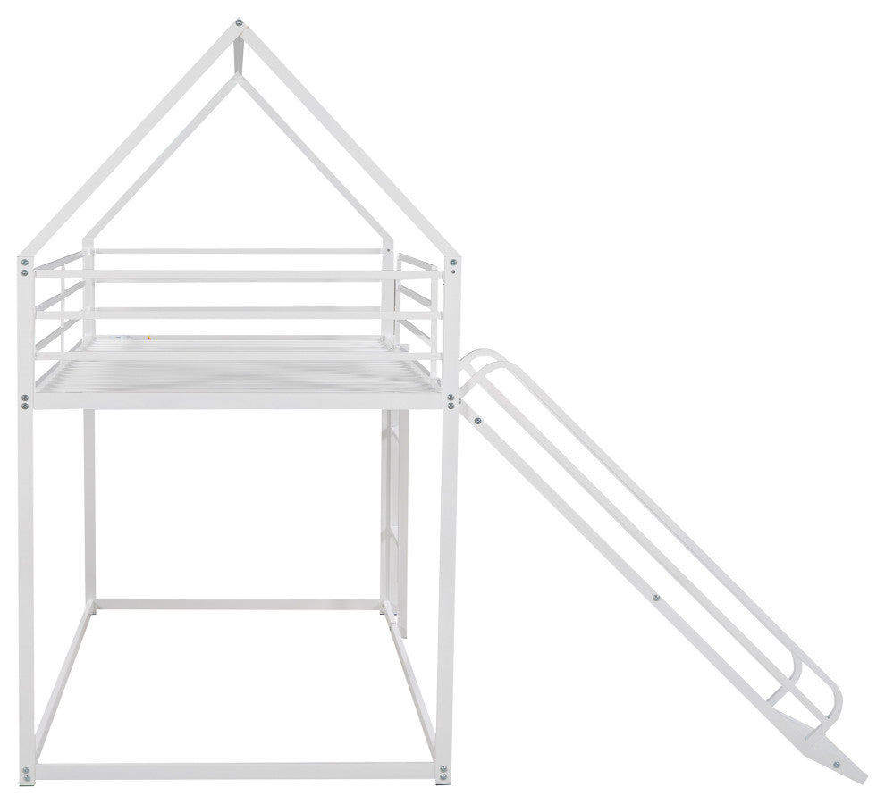 Gewnee Metal Twin Over Twin Bunk Bed House Bed with Slide in White