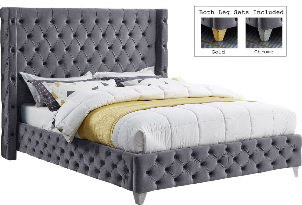 Savan Velvet Upholstered Bed, Gray, King