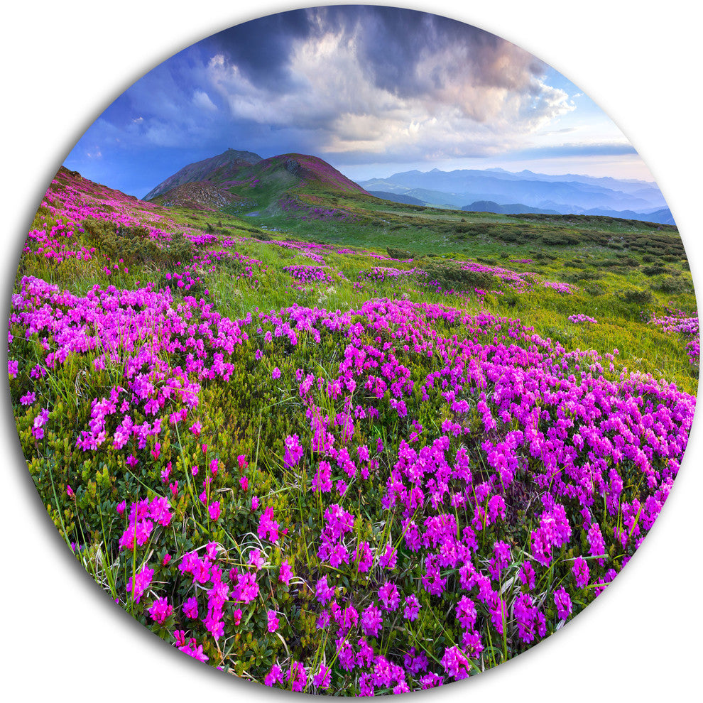 Rhododendron Flowers In Mountains, Landscape Disc Metal Artwork, 11"